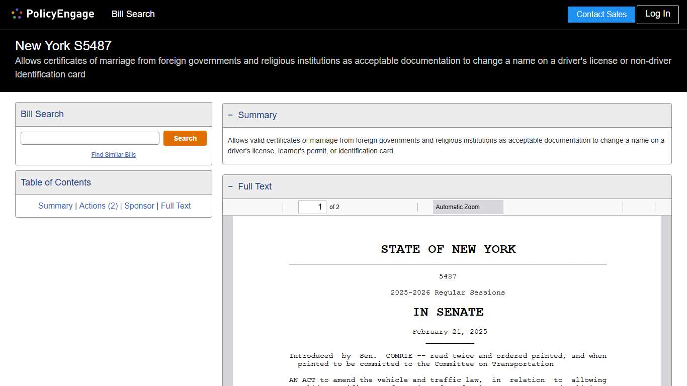 S5487 New York 2025-2026 Allows certificates of marriage from foreign governments and religious institutions as acceptable documentation to change a name on a driver's license or non-driver identification card - Legislative Tracking PolicyEngage